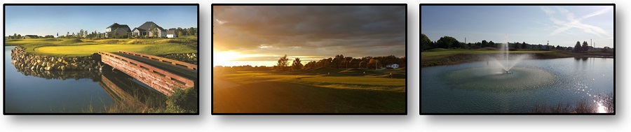 view of bridge leading to green, the course at sunset, and a water fountain in the pond